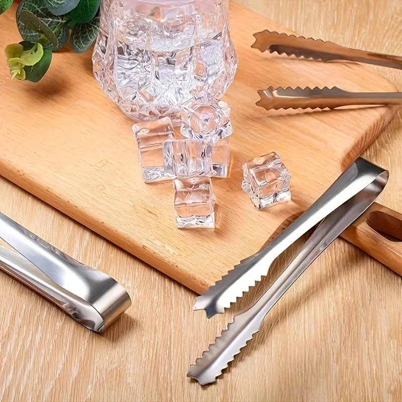 Stainless Steel Ice Tongs Three-Piece Set, Thickened Wave-Pattern Anti-Slip Ice Cube Tongs, Bar Cocktail Ice Tongs, Household Dessert Bread Food Tongs