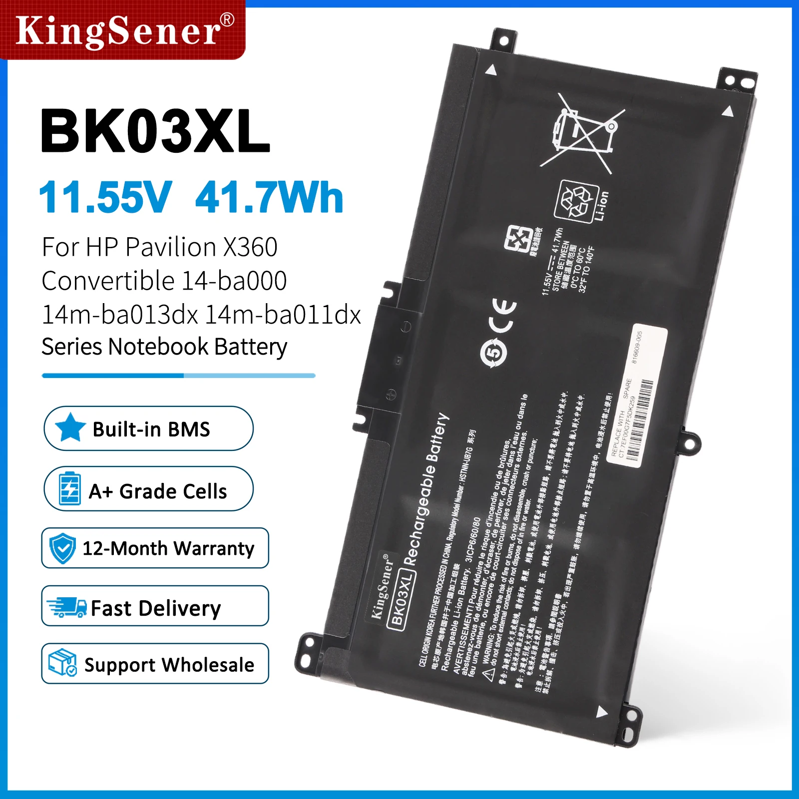 KingSener BK03XL Battery for HP Pavilion X360 Convertible 14m-ba0xx 14-ba000 14m-ba013dx 14m-ba011dx 14m-ba1xx 916811-855 41.7WH