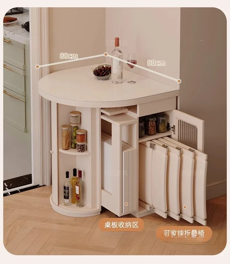 

Cream wind rock slab retractable dining table small apartment round household solid wood foldable dual-purpose space-saving