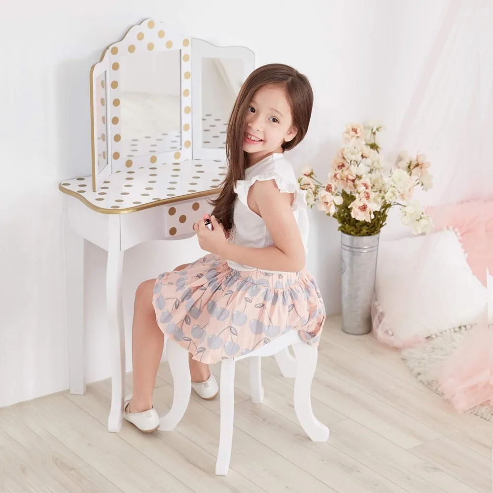 Princess Polka Dot Wooden Play Vanity Set with Mirror, Drawer & Stool for Kids Ages 3+
