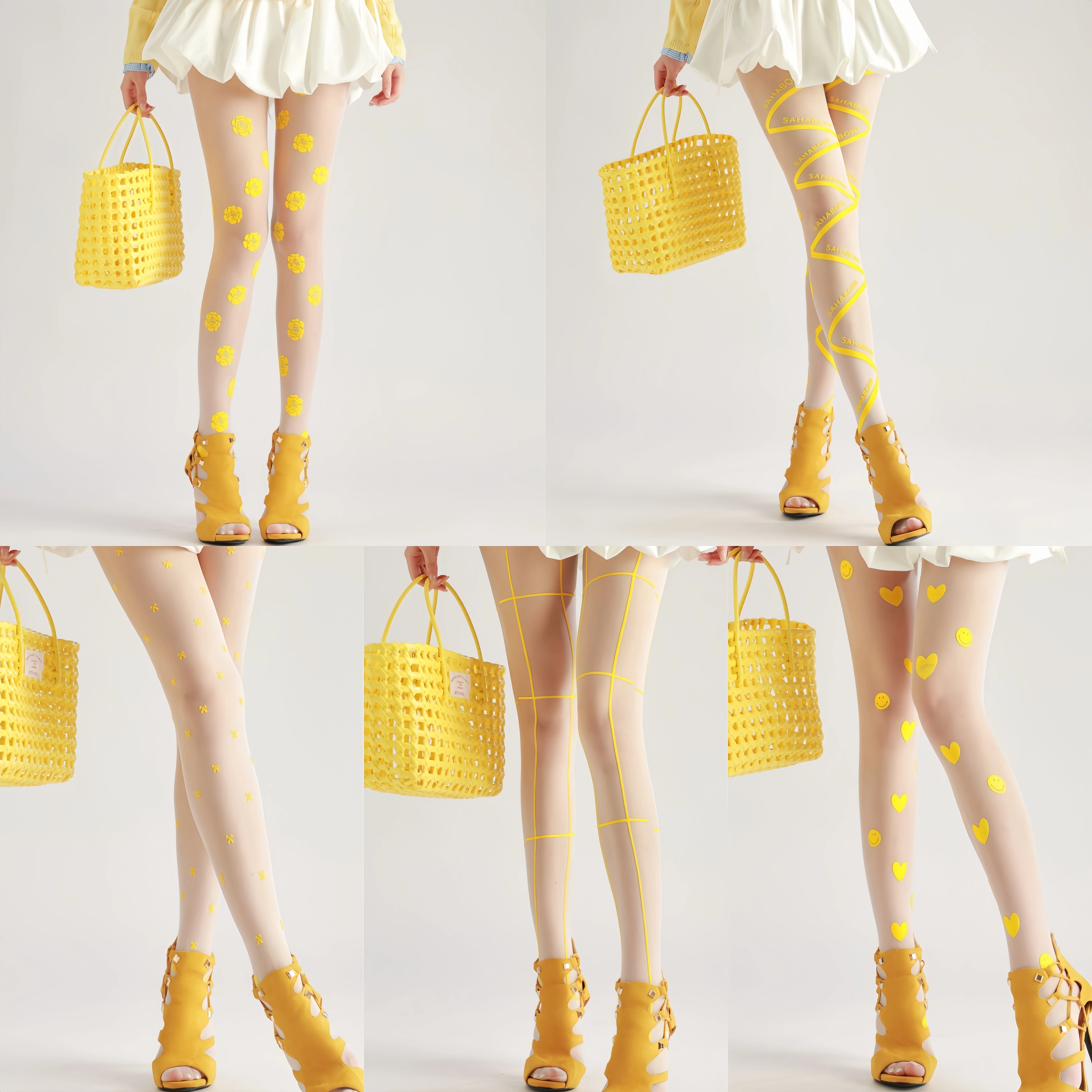 Sahabowi rose lines bows new designs tights print pantyhose for womens sheer yellow stockings