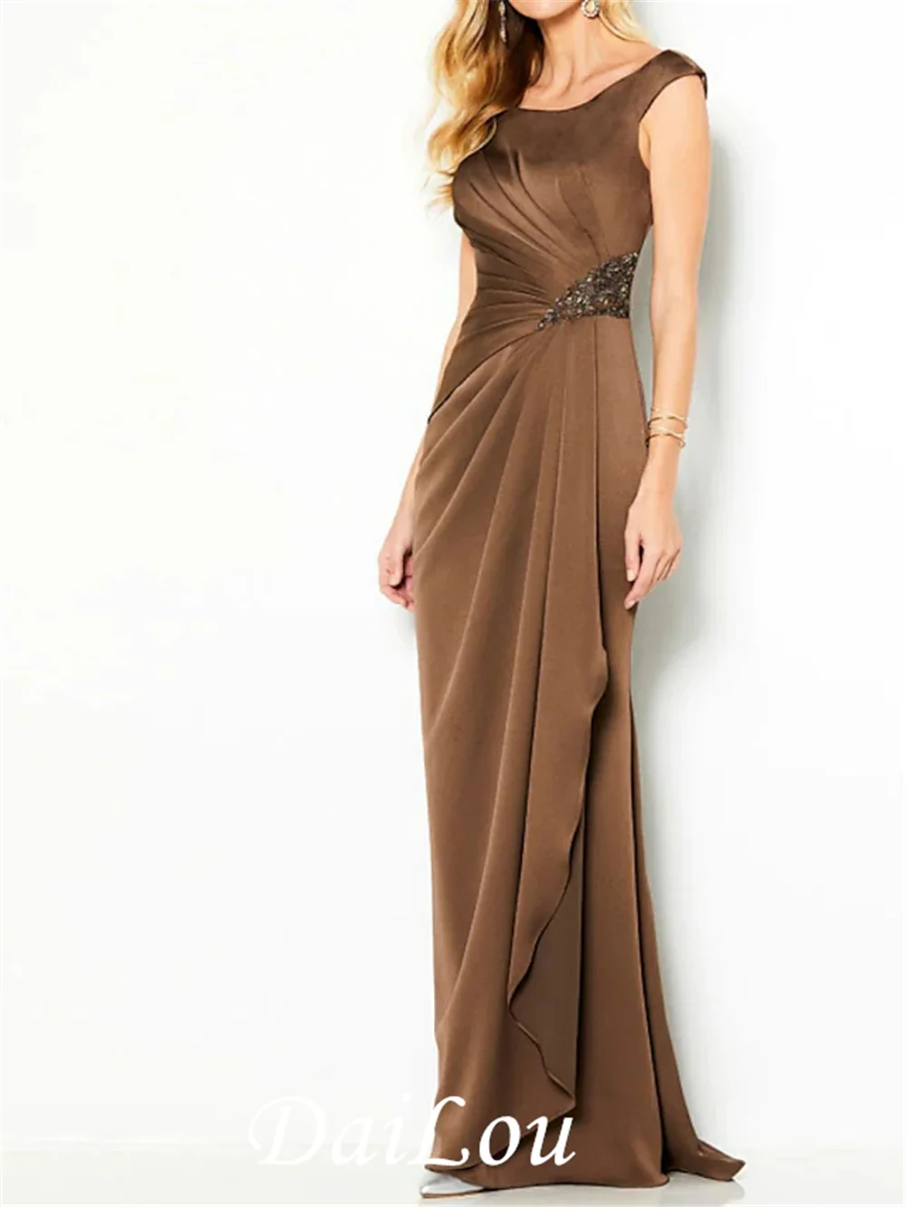 

Mermaid / Trumpet Elegant Formal Evening Dress Scoop Neck Sleeveless Floor Length Satin with Ruched Crystals