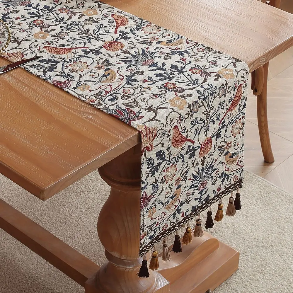 Jacquard Oil Painting Style Flower Table Runner with Tassel Vintage Table Cover Bohemia Tablecloth Table Decor
