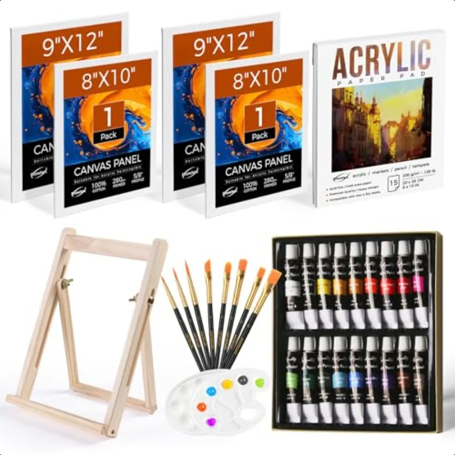 

Paint Set Acrylic Paint Canvas Set 34 PCS Painting Kit with 18 Acrylic Paints 4 Canvas Panels Drawing Pad Wood Easel Ideal for
