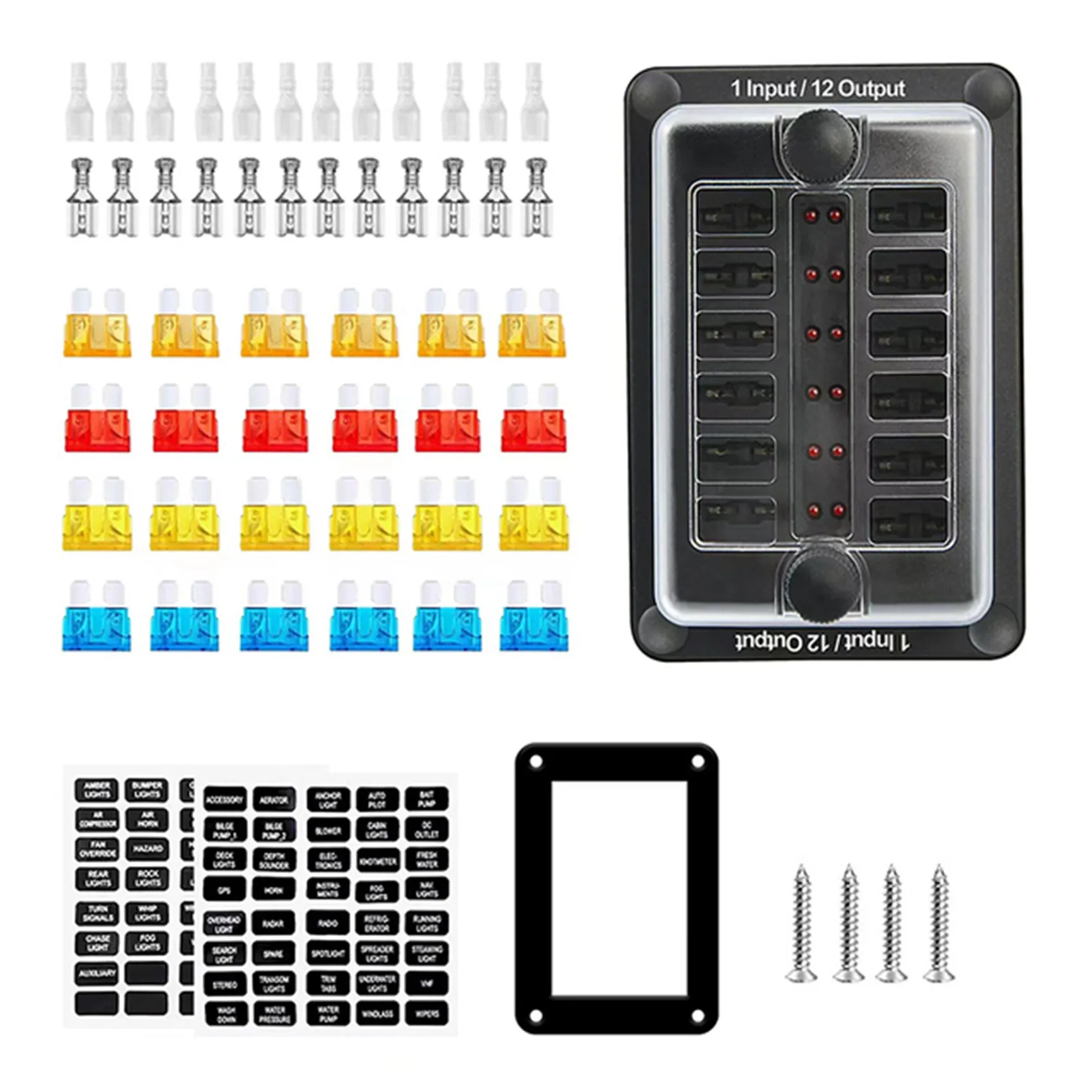 100A 12-Way 1-in 12-Out ATO ATC Fuse Vehicle and Ship Waterproof Fuse Box 32V LED Warning Light Distribution Panel