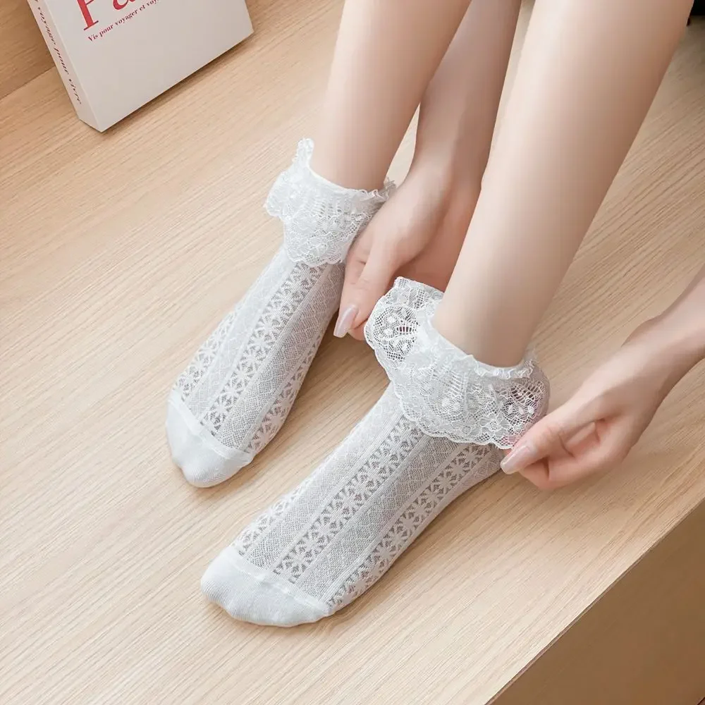 Lace Ruffle Socks Women Cute Bow Sweet Girl Lolita Kawaii Princess Socks Hollow Out Mesh Thin Breathable Black White Short Socks