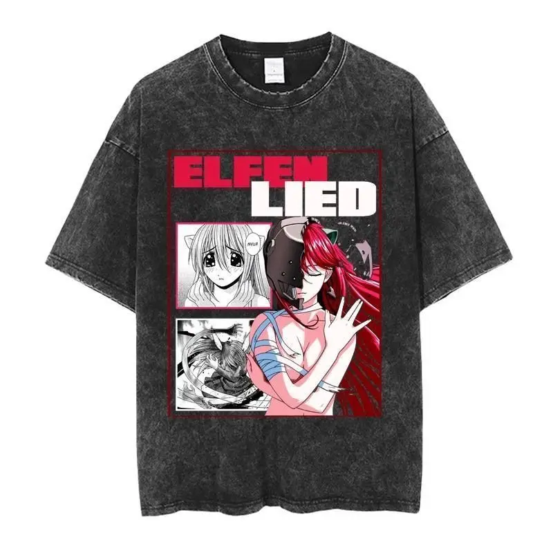 Vintage Washed Old T-shirt Japanese Animation Elfen Lied Streetwear Casual Harajuku Pattern Short Sleeves Trendy and Comfortable