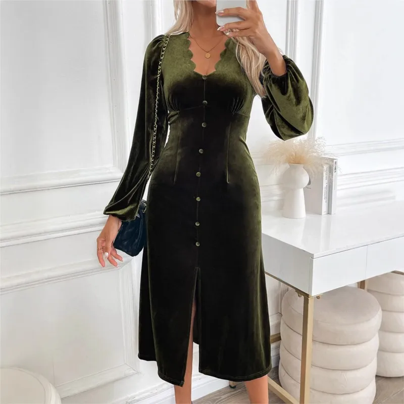 Elegant Mid Length Dress With Lace Collar Ladies 2024 New Item Dark Green V-neck Lantern Sleeves Button Velvet Dress Party Dress