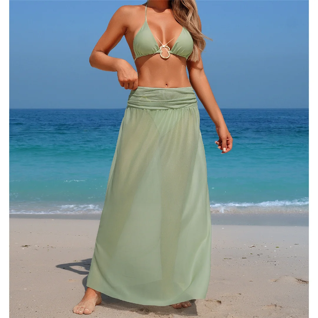 Mit Rock, Neckholder, Metallring, Bikini, Damen-Badeanzug, dreiteiliges Bikini-Set, Damen-Badebekleidung, gepolsterter Badeanzug, Badeanzug, Schwimmanzug V7236 – Detail 2
