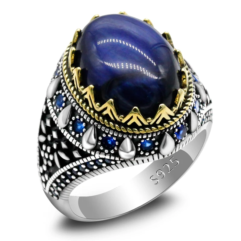 

Turkish Jewelry Men's Natural Blue Tiger Eye 925 Sterling Silver Ring Vintage Zircon Punk Style Men's Women's Jewelry Rings