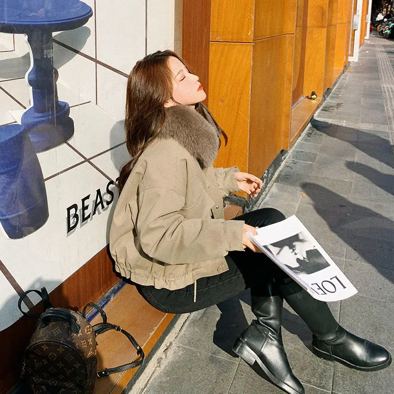 2023 Winter New Women Cropped Coat Female Warm Jacket Fashion Leisure Thick Loose Solid Casual Sweet Detachable Collar All-Match