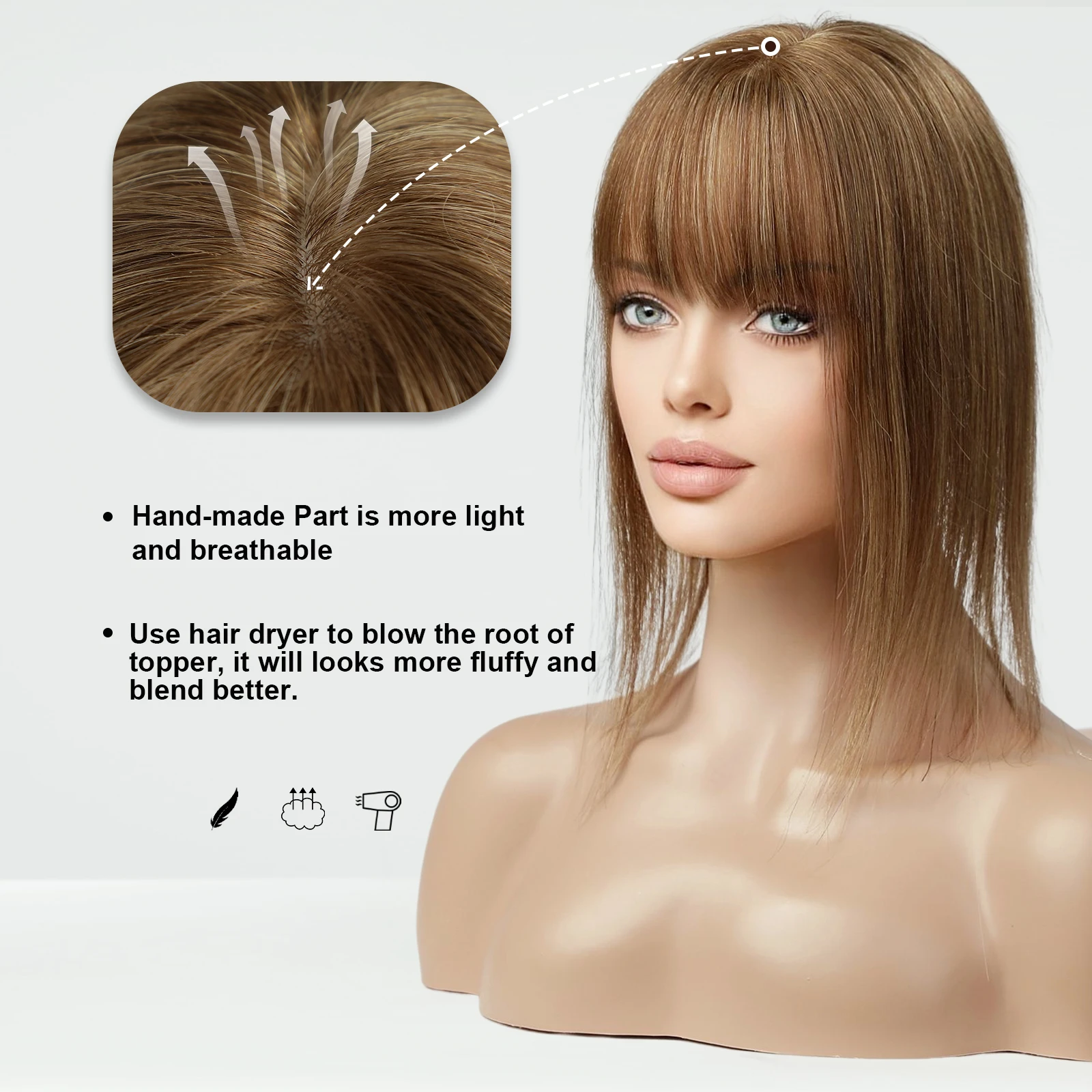 100% Remy Human Hair Toppers with Bangs Honey Brown Hair Pieces for Women Silk Base Clip In Topper for Thinning Hair Loss Cover