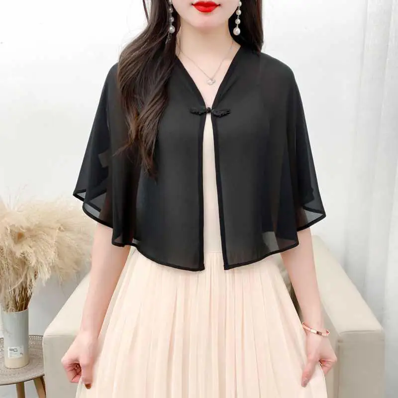 Chiffon kleine sjaal dames zomerjurk losse pasvorm cropped vest lichtgewicht zonwering vest jas veelzijdige bovenkleding