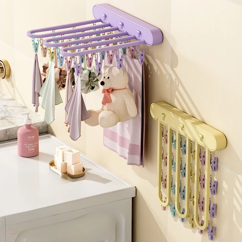 Multi-clip Folding Clothes Drying Rack Balcony Sock Drying Rack No Need Drilling Multi-functional Wall-mounted Underwear Tools