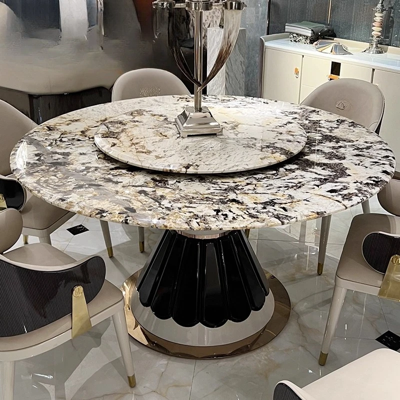 

Natural Luxury Stone Round Dining Table with Turntable, Light Luxury Style, Large Flat High-End Marble