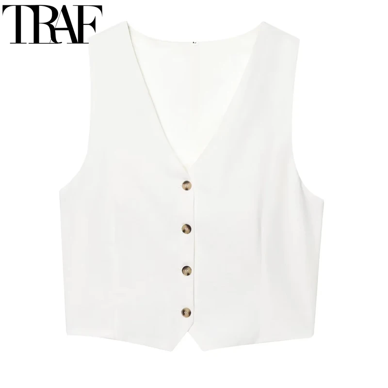 

TRAF White Women's Vest Cropped Sleeveless Vest Woman Jacket Cut Out Waistcoat Suit Vest Button Jacket Summer Office Short Coats