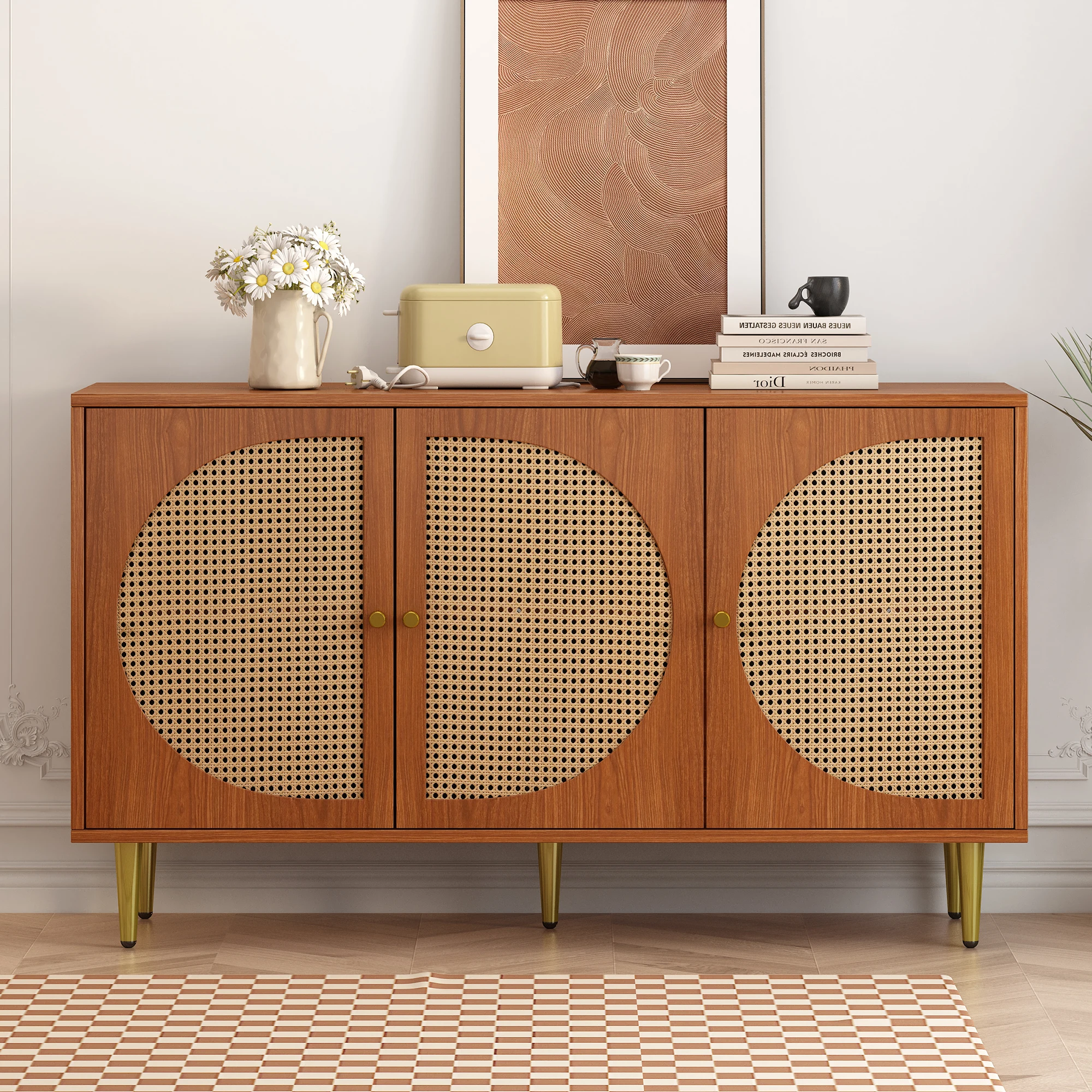 VSOGA Sideboard with 3 rattan doors, Dresser High Board with Metal Handles, Walnut, 129.8x40x76 cm