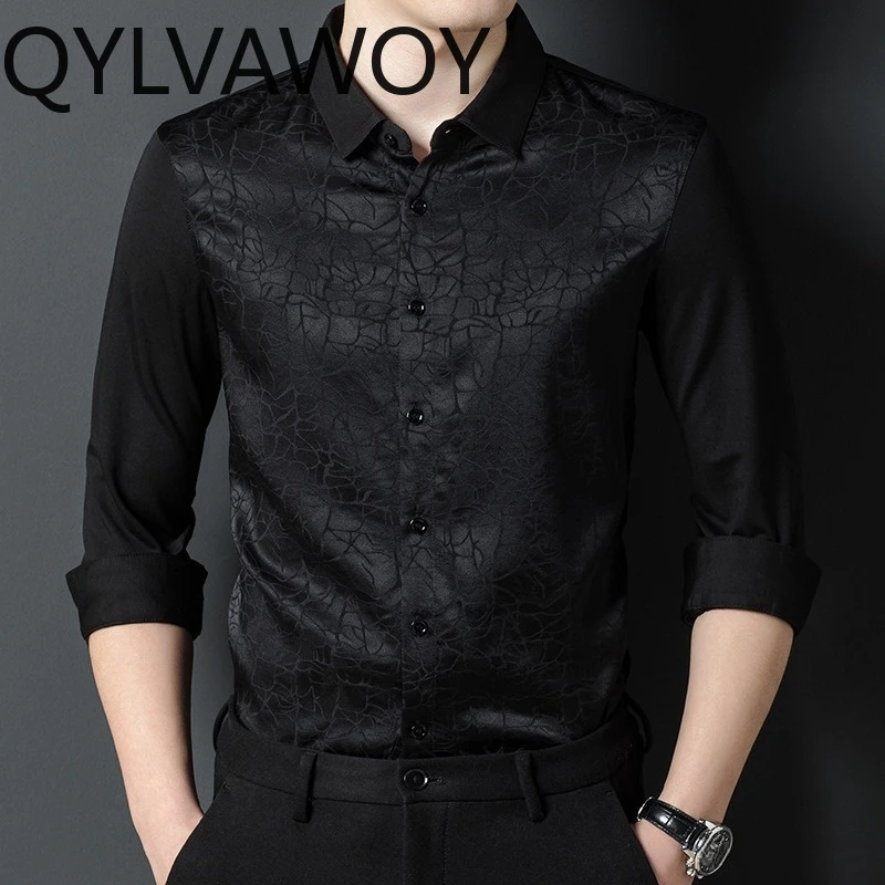 QYLVAWOY 92.4% Real Mulberry Silk Shirts for Man Spring Autumn Menswear Clothing Jacquard Men's Shirts Tops Stylish Shirt Daily