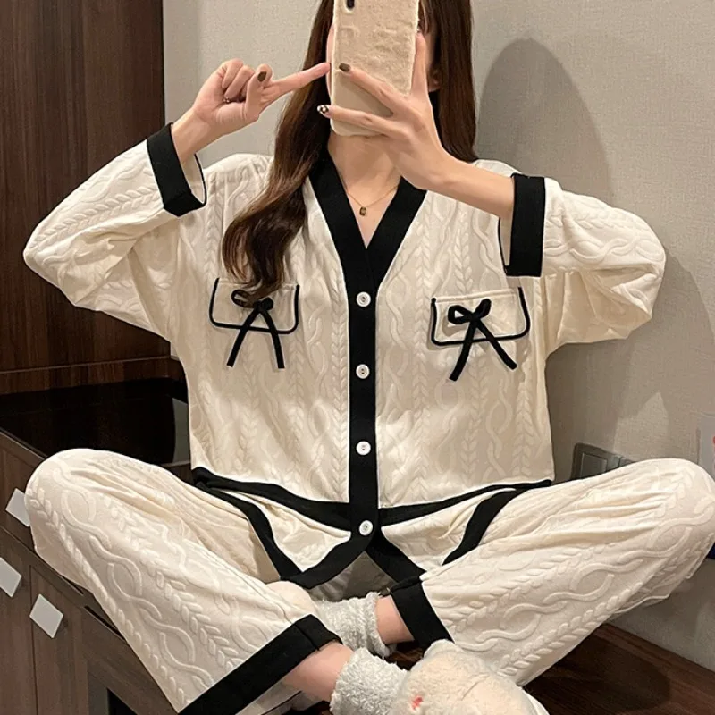 Women Spring Pajamas Bow Sweet Pyjamas Long Sleeve V Neck Loungewear Casual Loose Nightdress Matching Color Lacework Sleepwear