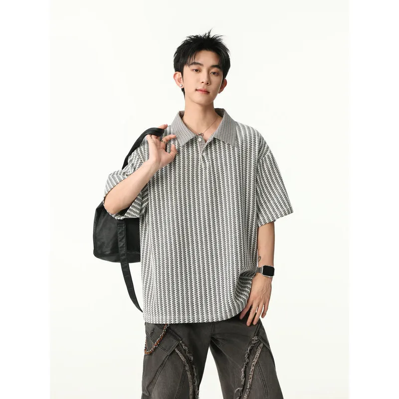 Men's Houndstooth Fishbone Texture Polo Shirt Summer Loose Fit Short Sleeve Top Contrast Collar Casual Streetwear Breathable Tee
