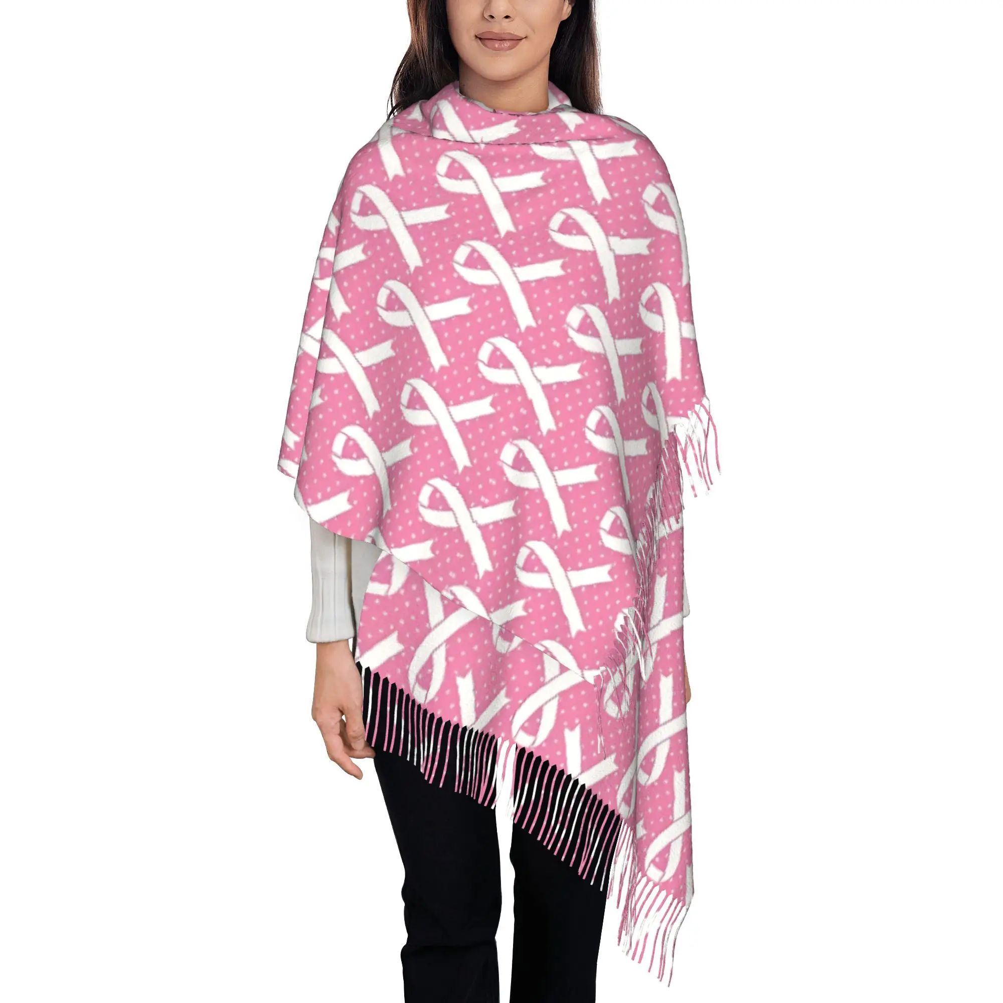 1pc Pink Ribbon Pattern Breast Cancer Awareness Shawl Autumn Large Integrated Warmth Birthday Wraps