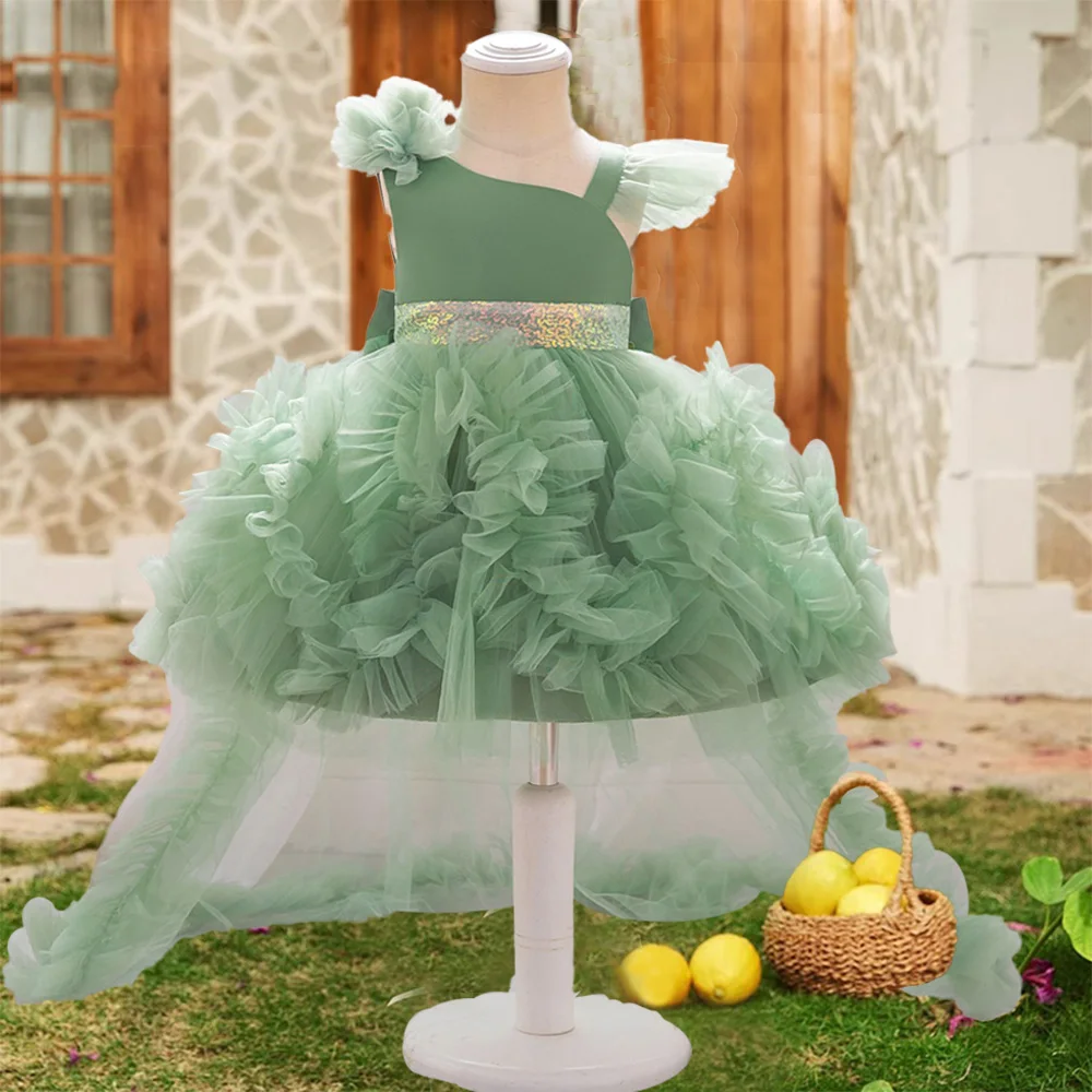 

Baby Girls Green Lace Trailing Party Dress Infant Fluffy Birthday Tutu Dresses Kids Formal Evening Princess Gown Girl Costumes