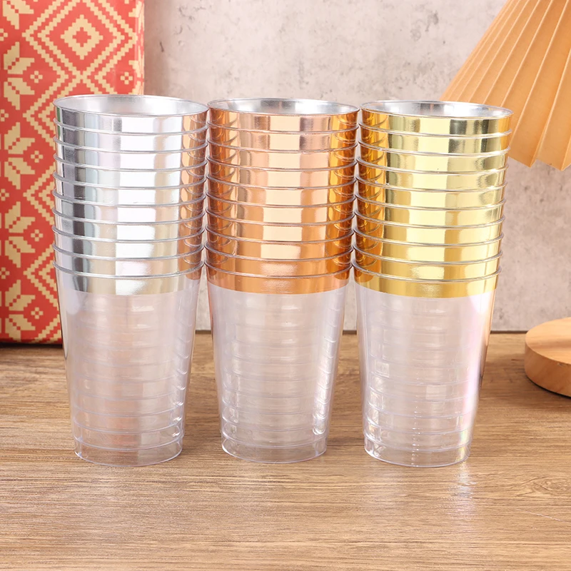 10pcs Transparent Plastic Rim Gold Rim Cup Golden Plastic Rim Cup 10oz Hard Disposable Cup Plastic Wine Party Wedding