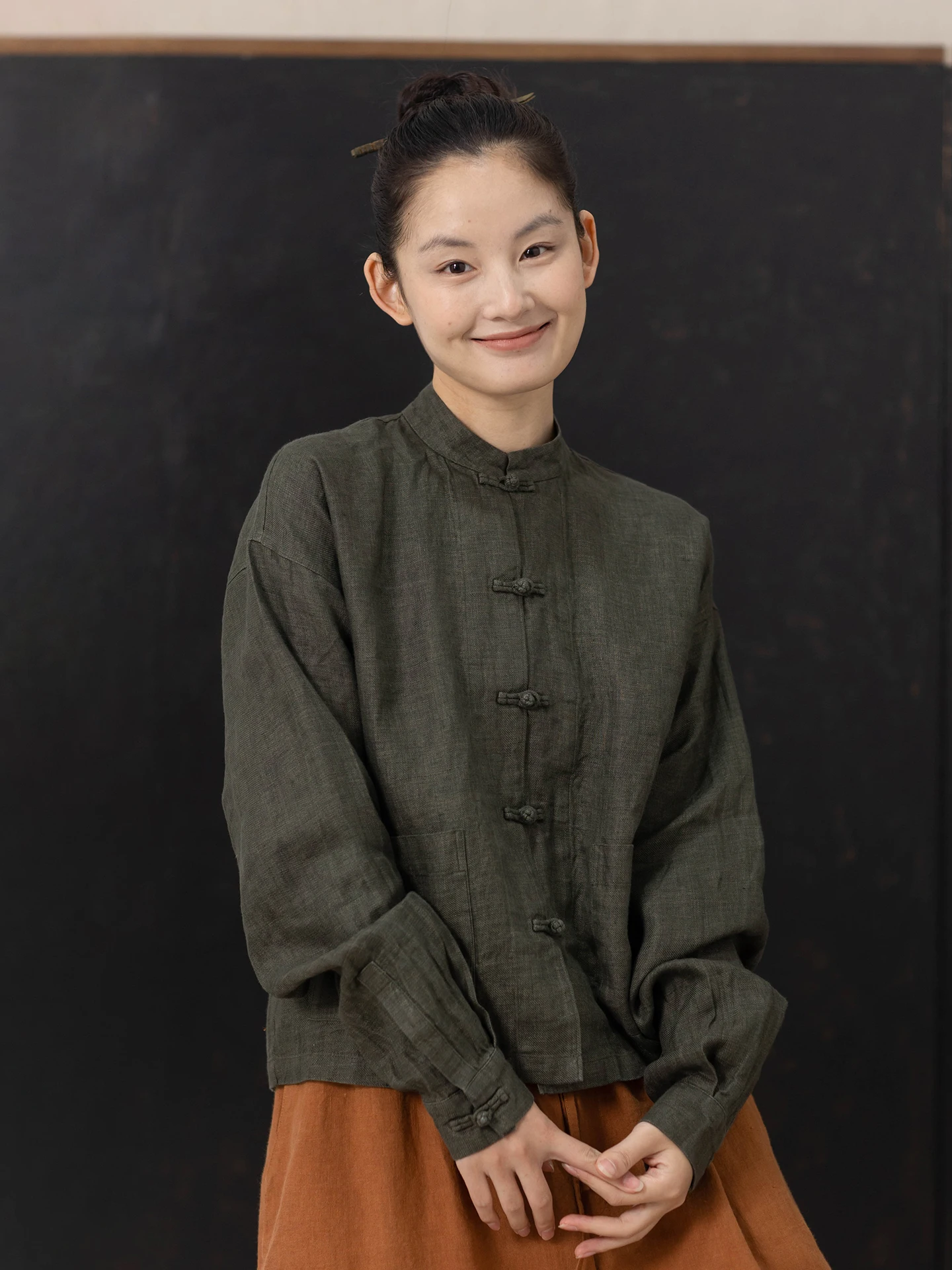 

t Commuter Chinese Sle Loose Fit Linen irt Stand Collar Vintage Faion Women's Clothing Breathable Long Sve