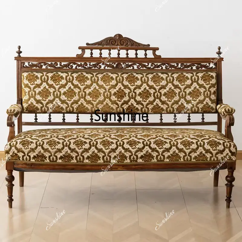 French retro solid wood sofa hollow living room fabric leisure chair backrest