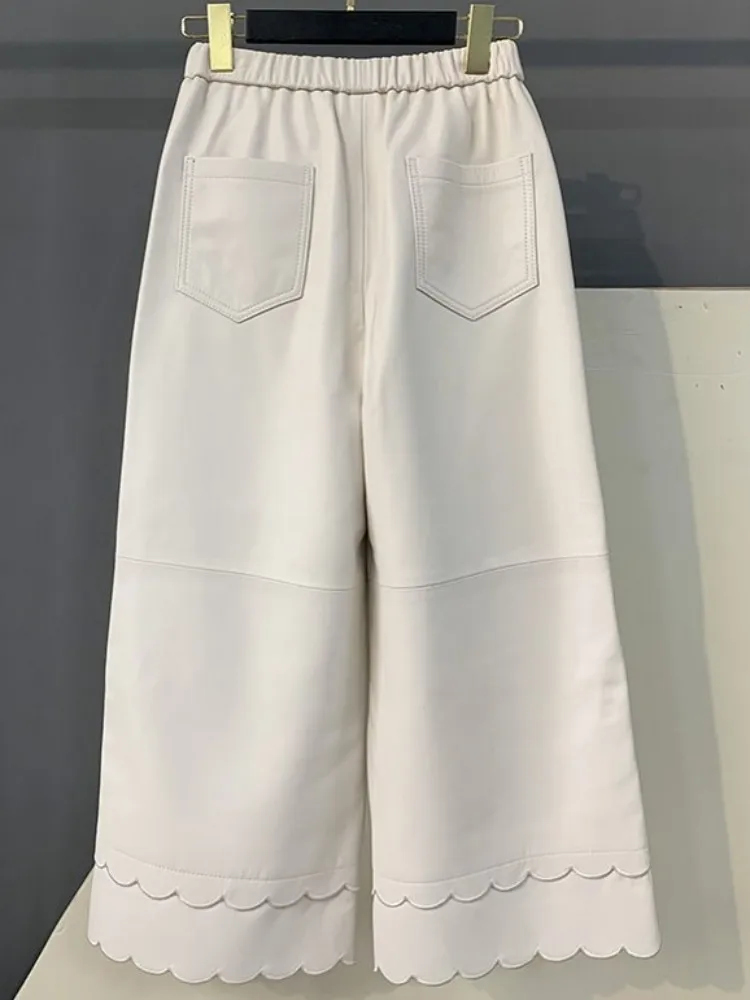 الترفيه نمط مرونة الخصر بلون جلد الغنم السراويل الموضة اليدوية جلد طبيعي السيدات جيب الكاحل طول السراويل