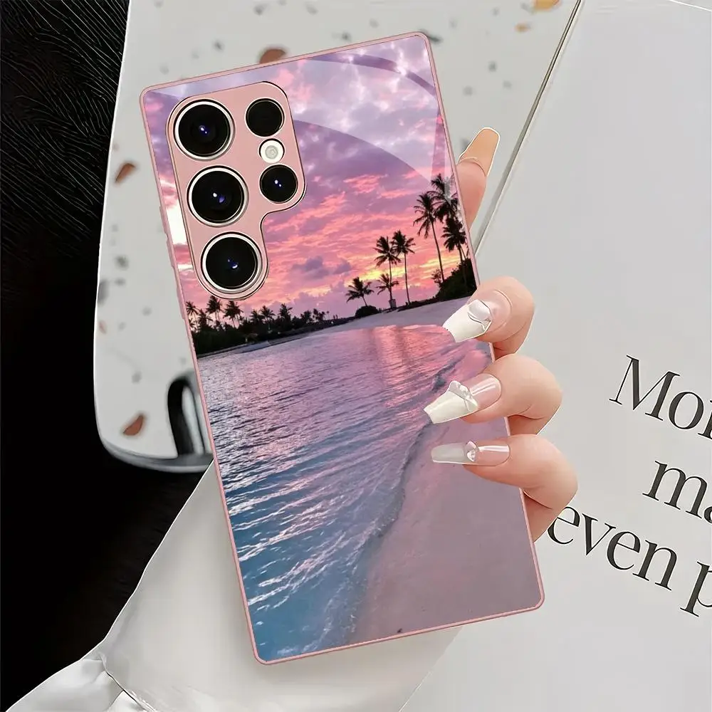 Pink seaside scenery metallic paint glass phone case suitable for Samsung Galaxy S26 S25 S24 S22 S21 S20FE/Ultra/Plus shockproof