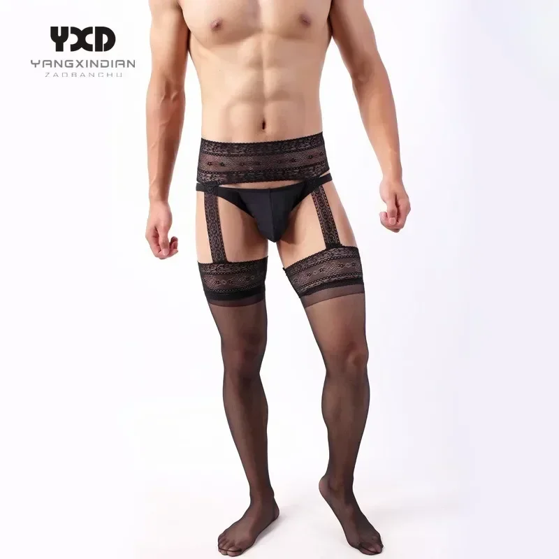

New Man Sexy Stockings for Men Garters Leggings Sissy Nightwear Ingerie Night Club Stage Performance Sheer Lace Cutout Pantyhose