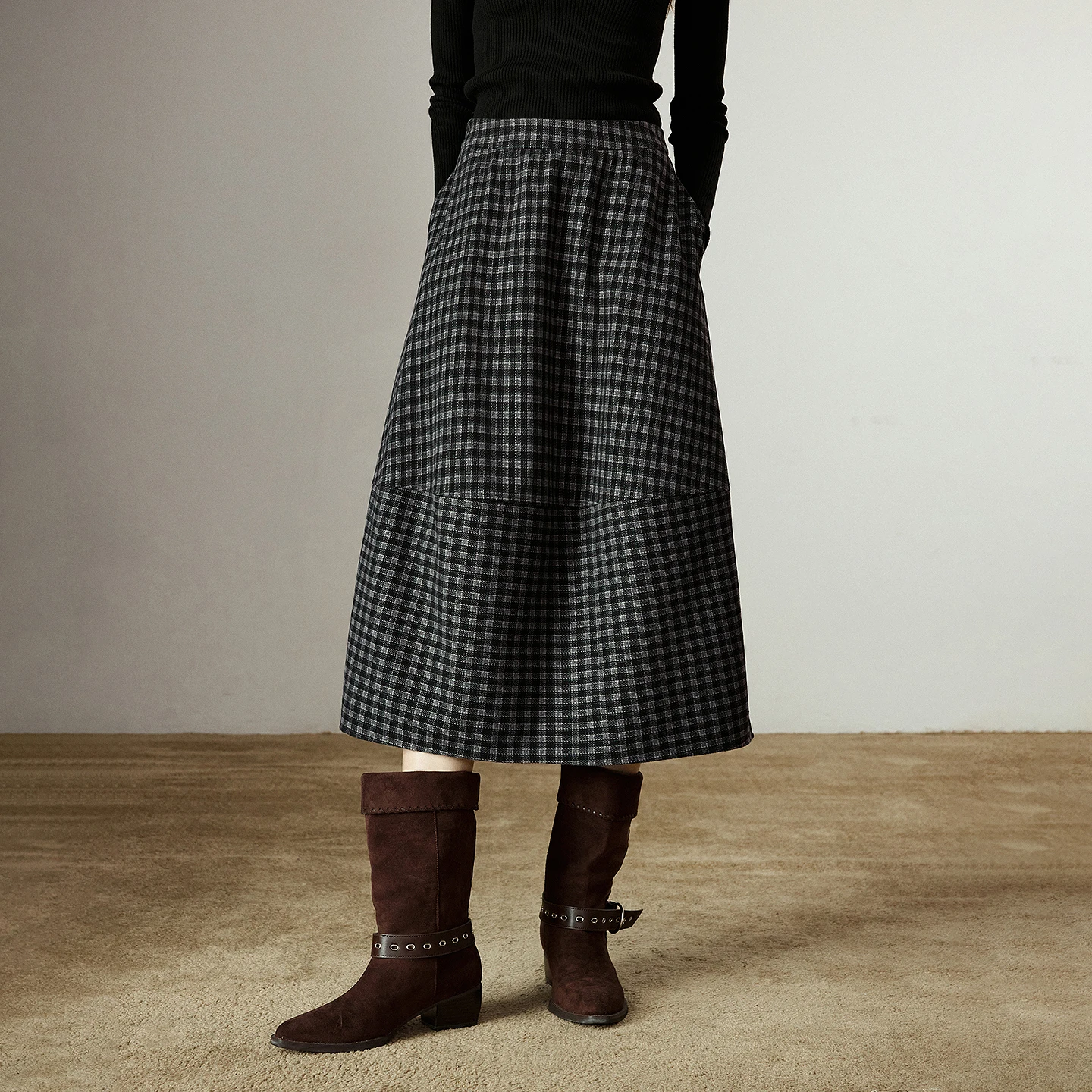 TOYOUTH Women Midi Skirts 2025 Winter New Elastic Waist Retro Plaid Split Splicing Oversized Floral Bud Skirts