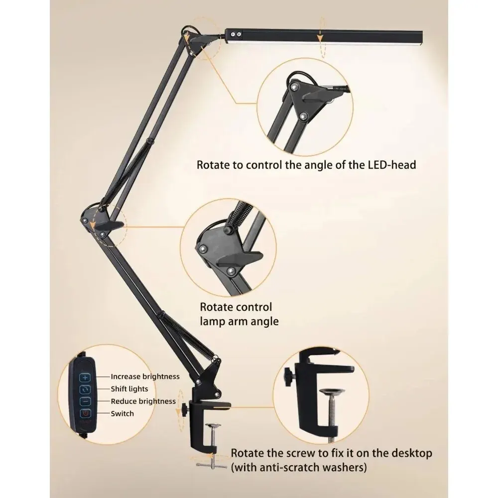 Lampa biurkowa LED z zaciskiem 10 W Lampa biurkowa z wahadłowym ramieniem Przyciemniana lampa biurkowa z 10 poziomami jasności, 3 tryby oświetlenia