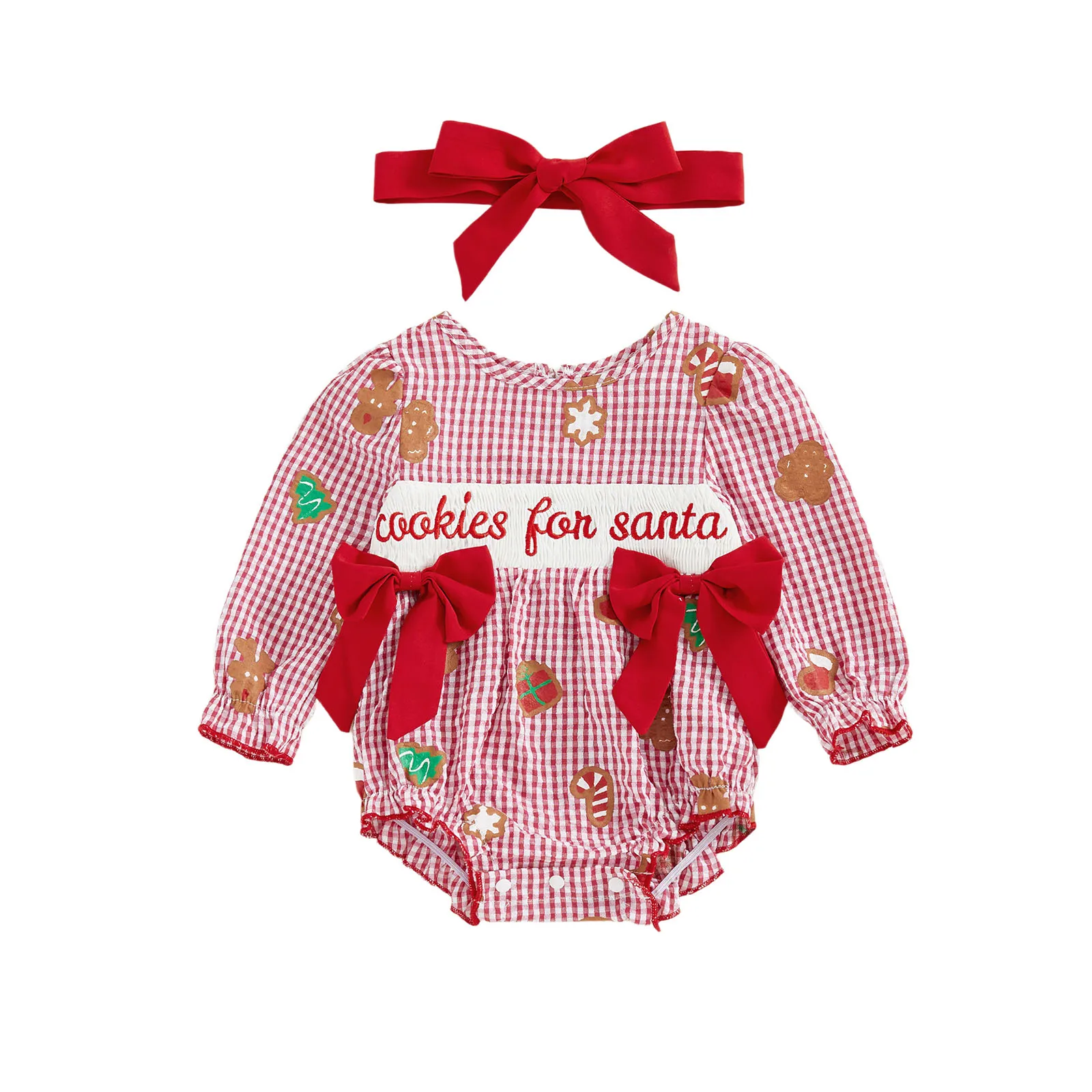

Baby Girl Christmas Outfit Plaid Gingerbread Man Print Long Sleeve Round Neck Romper Bow Headband 2 Piece Set