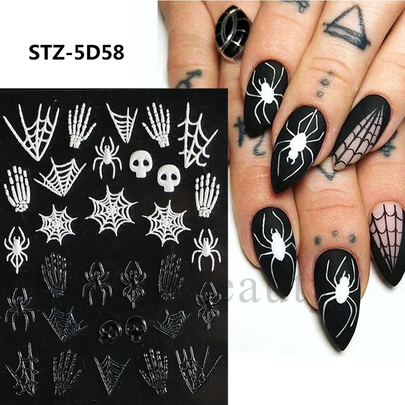 Devil Eye Nail Stickers Halloween Blood Skull Spider Witch Nail Art Sticker for Women and Girl 5D Relief Ghost Fake Nail Sticker