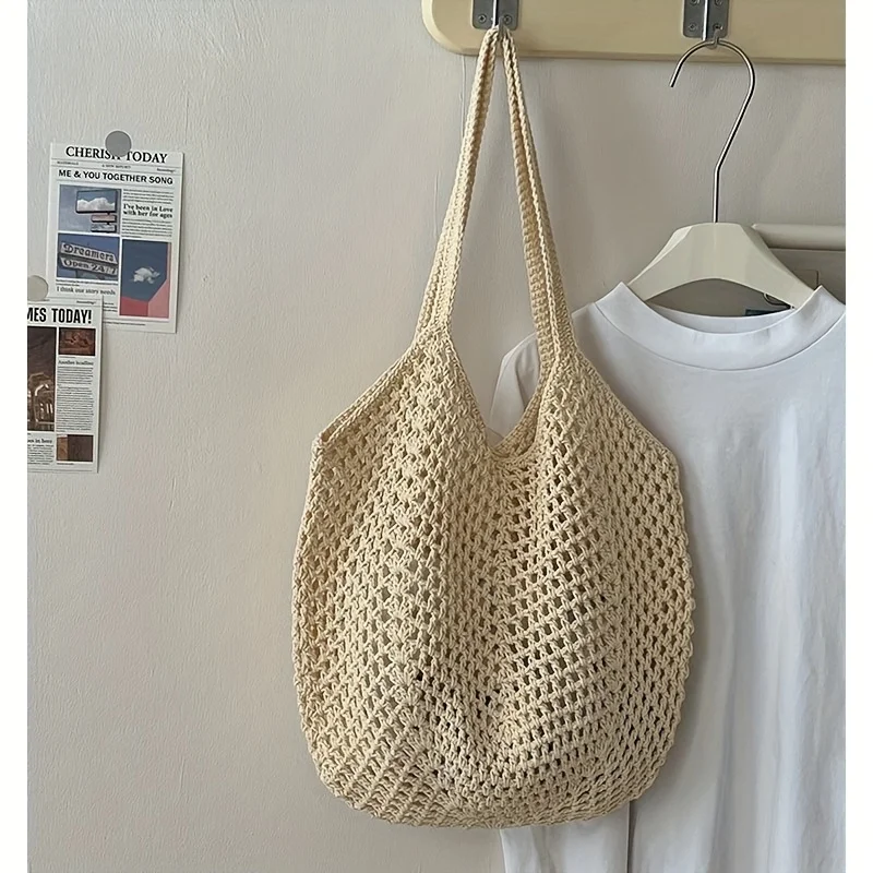 Women's Casual Large Capacity Woven Bag Open-Top Beach Tote Breathable Durable Woven Shoulder Bag Travel Bag image 6