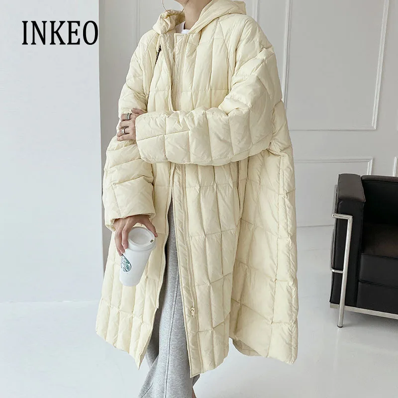 Winter Warm Women\'s Long down jacket Oversized Fashion Hooded Fluffy coat Thick Outwear Casual Lady Zip Clothes INKEO 1O380