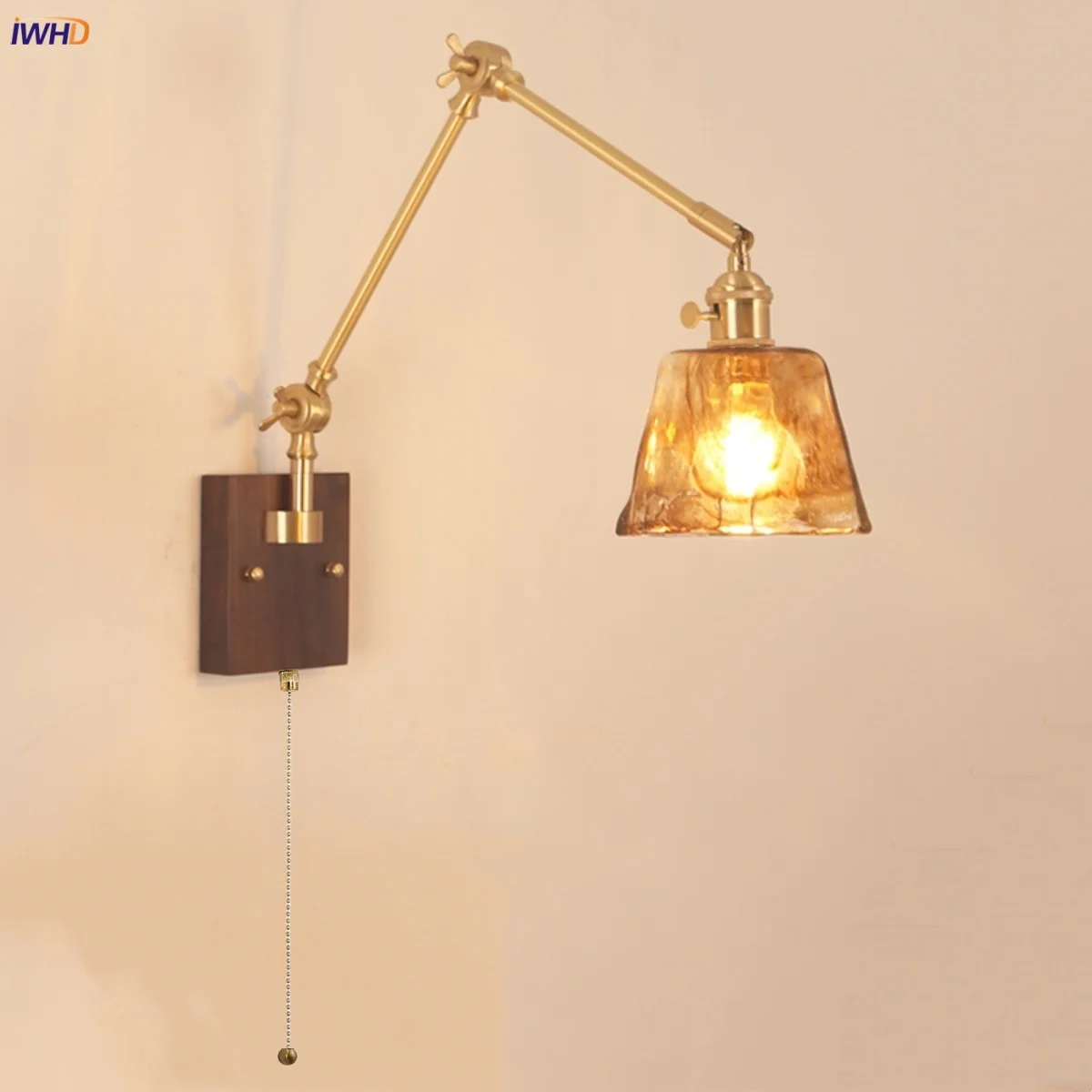 IWHD Modern LED Wall Light Fixture Balcony Restaurant Bedroom Walnut Wood Pull Chain Switch Rotatable Amber Glass Bedside Lamp