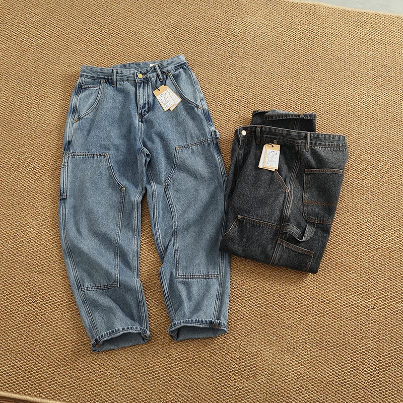 الرجعية الأمريكية سجل قطع الجينز الرجال فضفاض مستقيم الساق مدبب الدنيم السراويل العصرية يغرق المرقعة السراويل الطويلة
