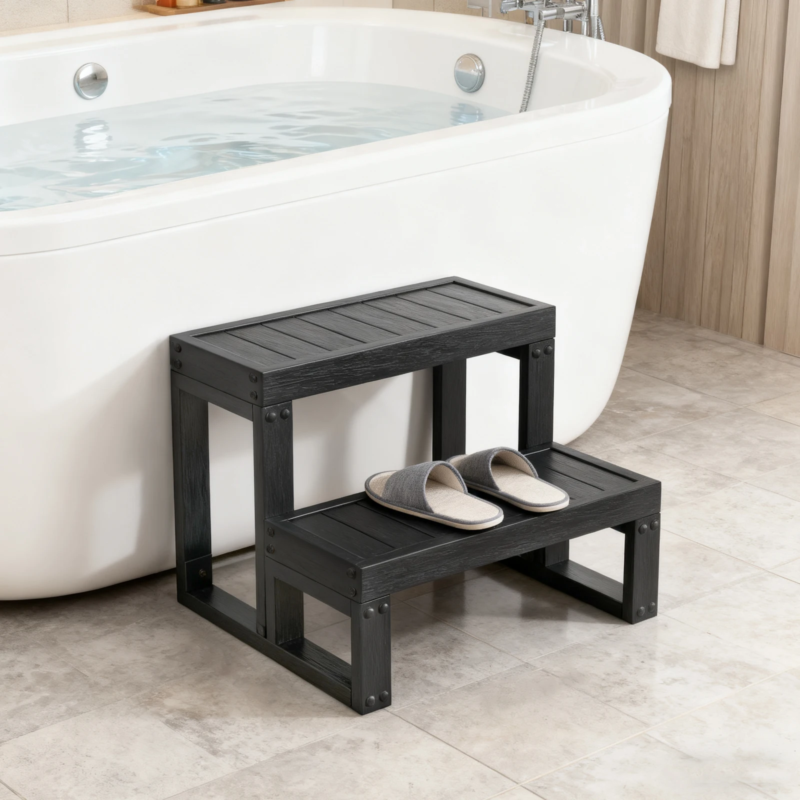 Escalones Modernos de 2 Niveles para Jacuzzi, de WPC, Color Negro Cepillado, Rectangulares, para Bañeras Domésticas y Spas al Aire Libre