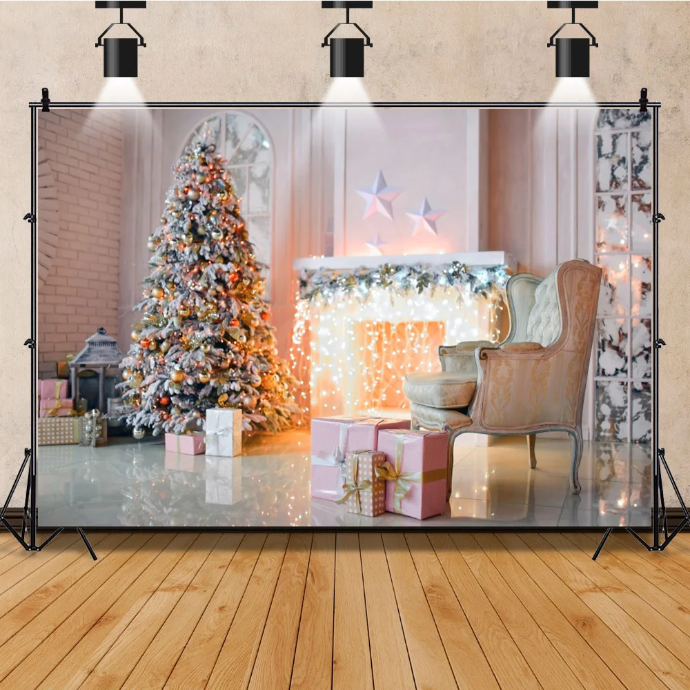 Winter Interior Christmas Background Photography Xmas Tree Wreath Fireplace Decor Backdrop Children Portrait Studio Photo Props