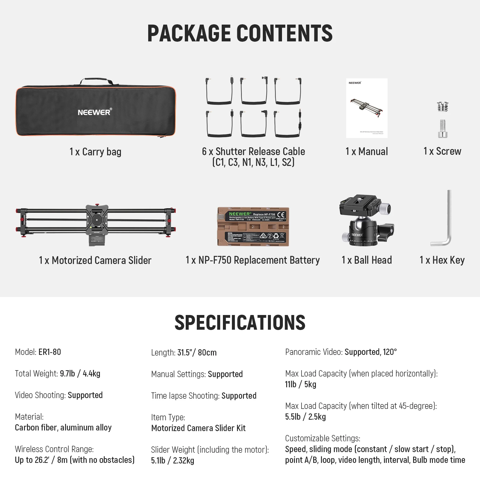 NEEWER 80 cm motorisierter Kamera-Slider, App Wireless Control DSLR Carbon Fiber Dolly Rail Slider, unterstützt Videomodus – Detail 7