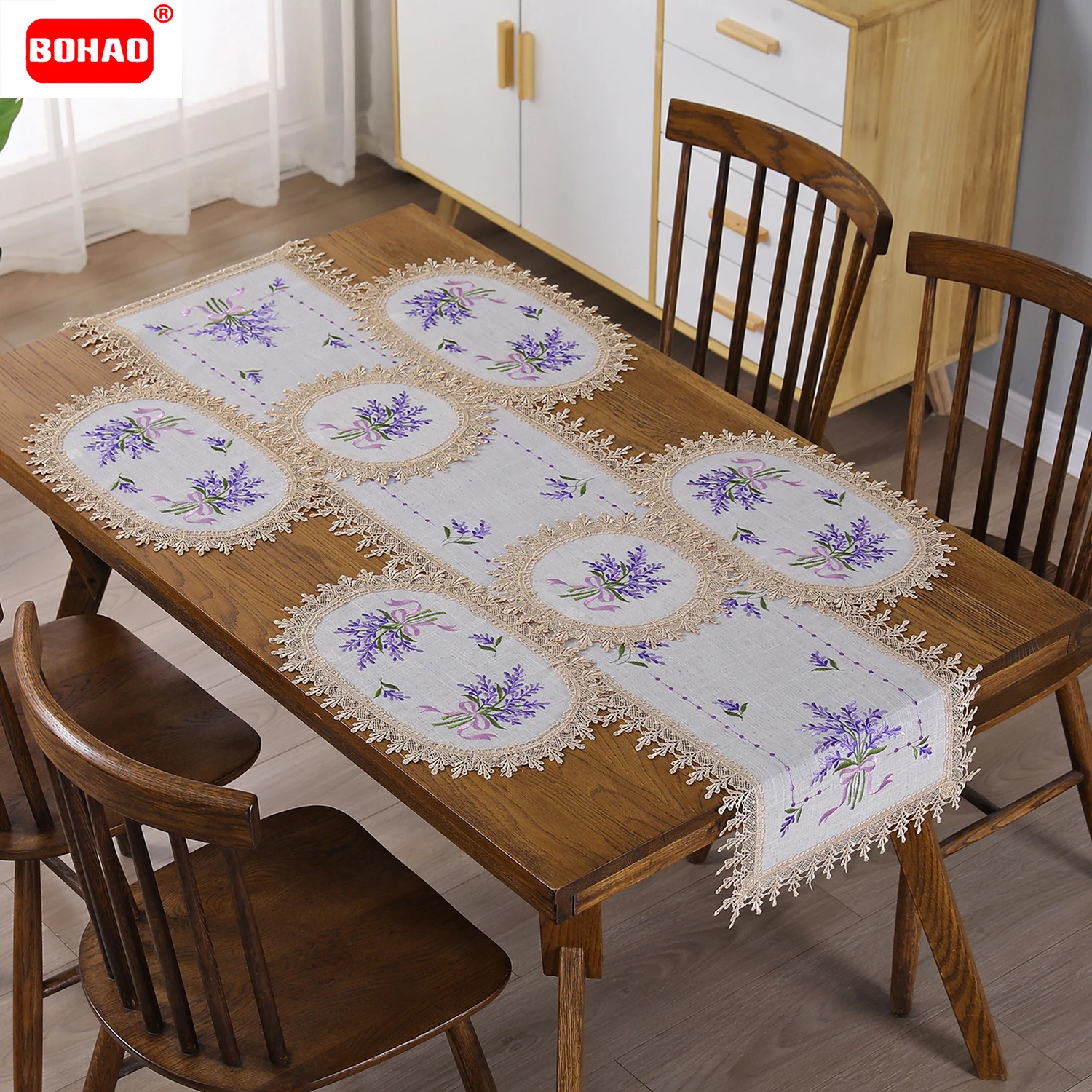 4 pezzi BOHAO Tablemat Set di lusso tovaglia ovale rettangolare in pizzo ricamato lavanda per tovaglietta in lino per tovaglietta da pranzo per feste