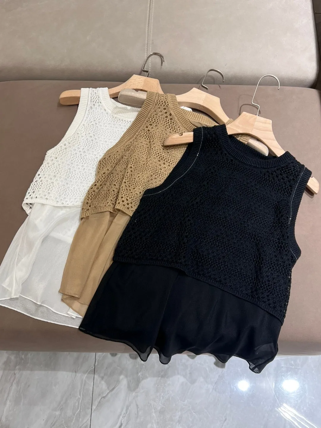 

Bc* New Summer Skin-friendly Design Round Neck Sleeveless Linen Hollow Vest Light Solid Color Fake Two-piece Casual Lazy Style