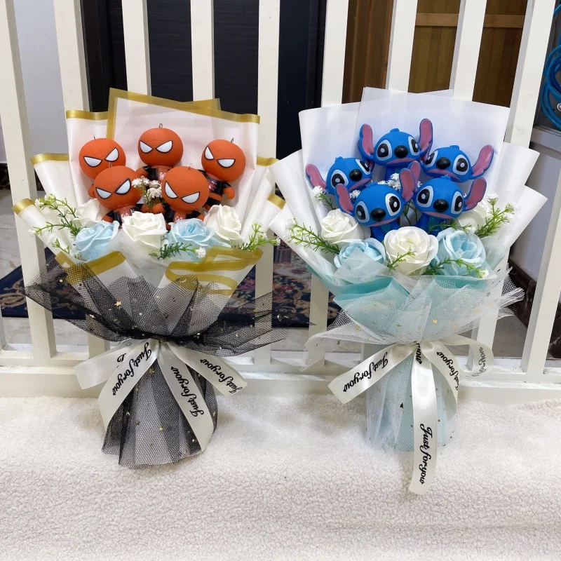 Cartoon Vinyl Doll Stitch Rilakkuma Winnie Action Figures With Artificial Flower Bouquet Christmas Valentine Birthday Gifts