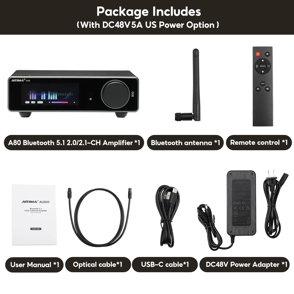 AIYIMA Verbeterde A80 Eindversterker TPA3255 DAC Bluetooth PFFB Stereo 300Wx2 Klasse D Digitale Amp met RCA TRS OPT COA USB-ingang