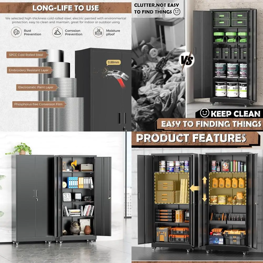 

73 Rolling Steel Storage Cabinet with Lock, Adjustable Shelves for Home, Office, Garage