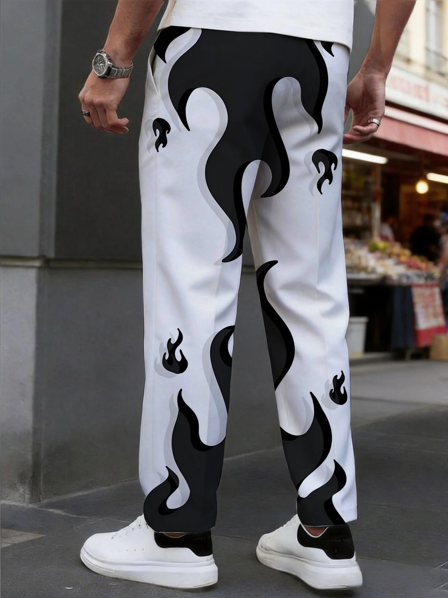 Men's Abstract Flame Printed Wide Leg Pants, Drawstring Elastic Waist Loose Straight Leg Casual Pants for Street Wear