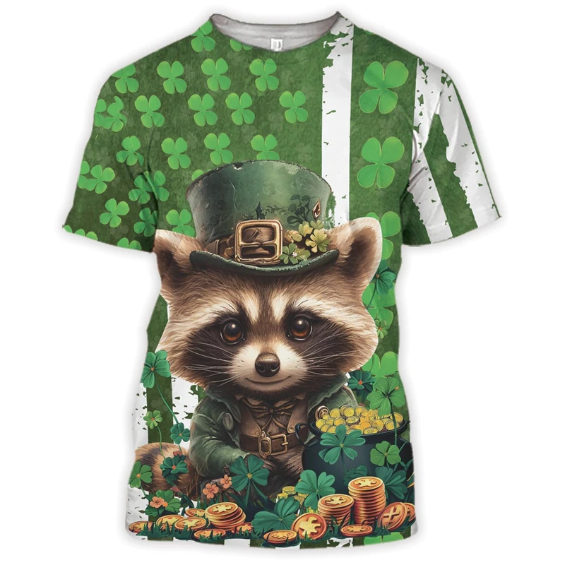 Clover Animals Graphic T Shirts Lucky Money T Shirt For Men Clothes Cute Dog Raccoon Squirrel T-Shirt Casual Unisex Streetwear